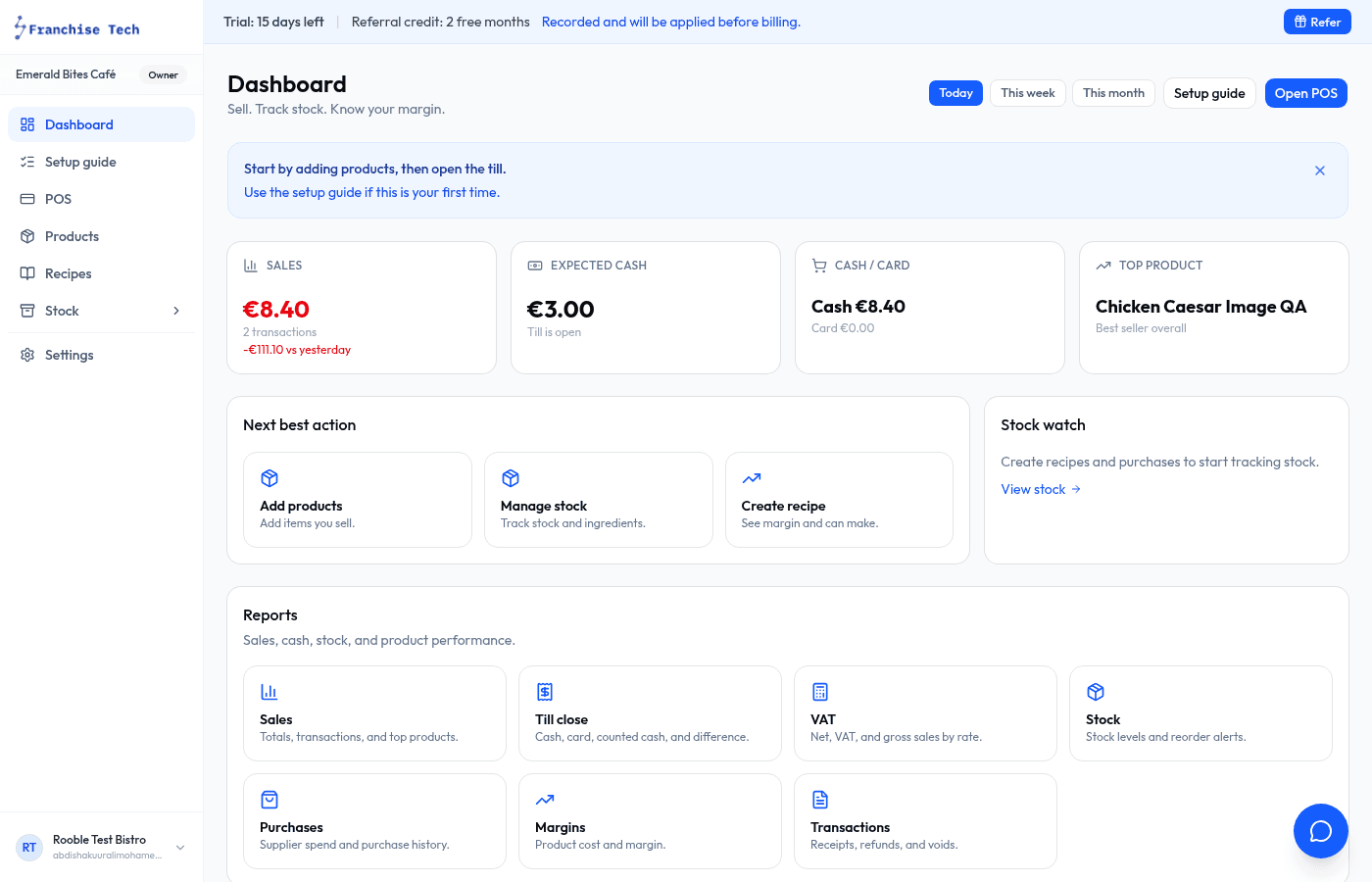 KitchenOps dashboard showing sales today, expected cash, products, and stock alerts
